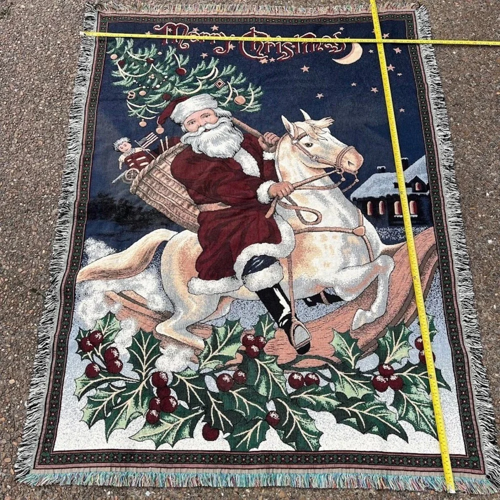 Vintage Santa Claus Merry Christmas Holiday Woven‎ Fringe Tapestry Blanket